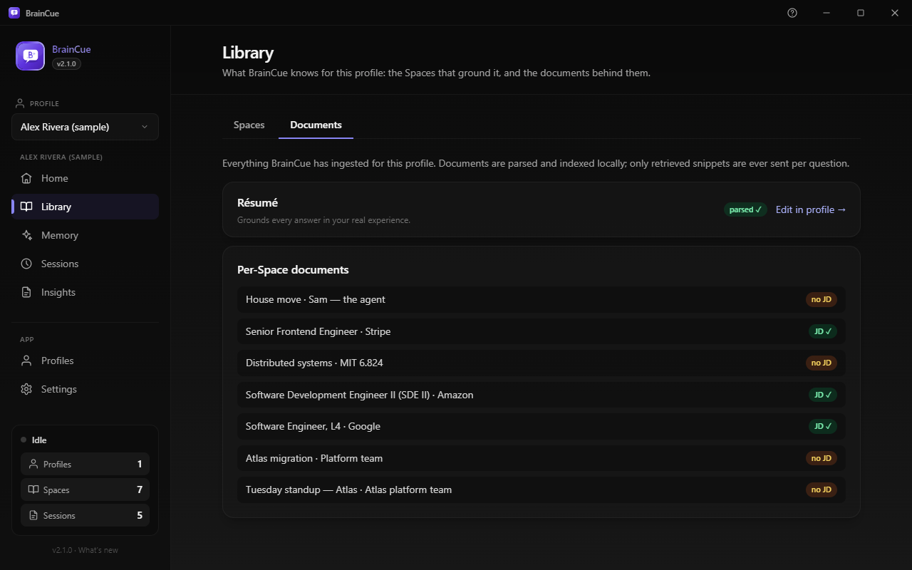 The Library's Documents tab: the indexed material behind every answer.