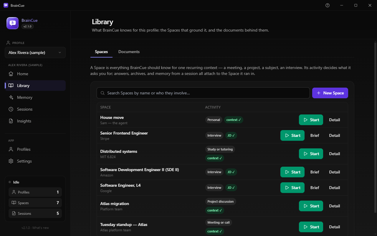 The Library: the active profile's Spaces and the indexed documents that ground every answer.