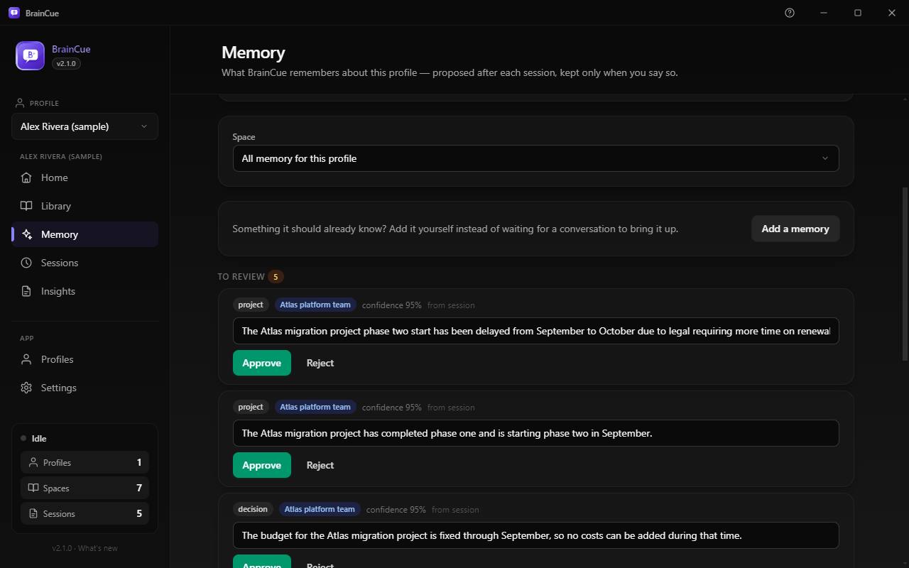 The Memory page: three suggestions from a single standup, each tagged with the Space it came from and its confidence, each waiting on Approve or Reject.