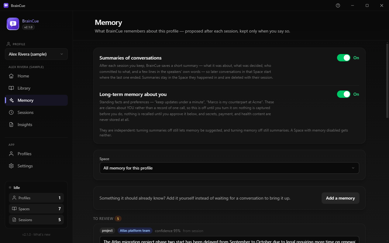 The Memory page: two independent switches — conversation summaries, on by default, and long-term memory about you, off until allowed — above a queue filterable by Space.