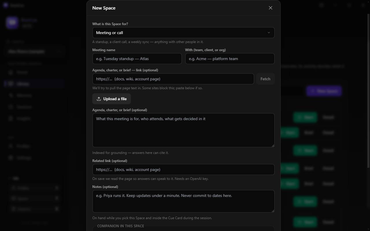 The New Space dialog, open on the activity picker: meeting, project discussion, interview, study, personal, game, just me, something else.