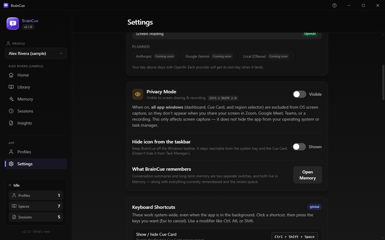 The Privacy Mode card in Settings: window content protection, on by default.