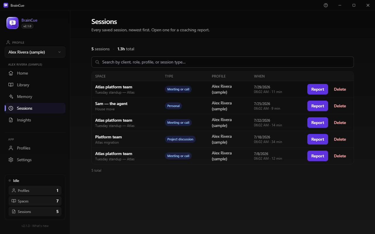 The Sessions list: every past session with its transcript and report.