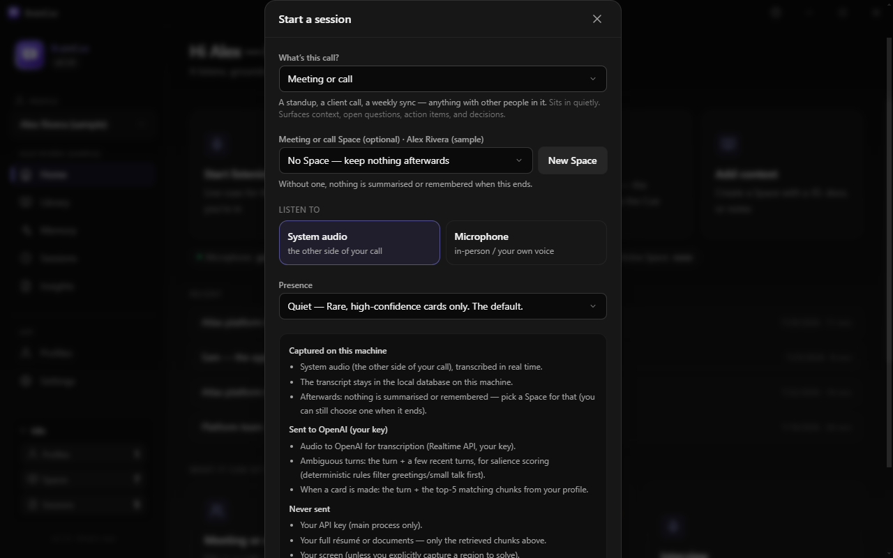 The start flow: one question about what the call is, the Space it belongs to, what to listen to, and a panel listing exactly what will be captured and sent.