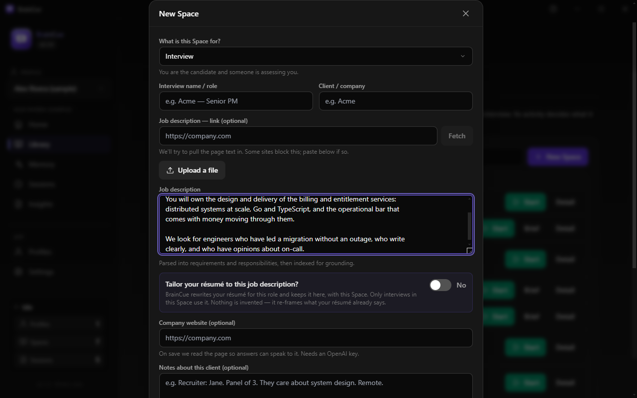 The New Space dialog with a job description pasted in, and an offer to tailor the résumé to that role appearing beneath it.