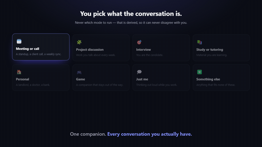 The eight activities: meeting or call, project discussion, interview, study or tutoring, personal, game, just me, something else.