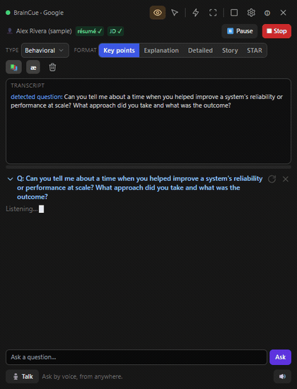 The floating Cue Card: the interviewer's question is transcribed live, then a grounded, cited answer streams in.