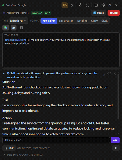 Re-tell any answer as key points, an explanation, or a STAR story — switched live.