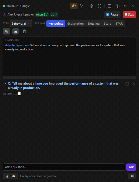 An answer streaming into the Cue Card, built from the user's own résumé and the job description, with its sources named.